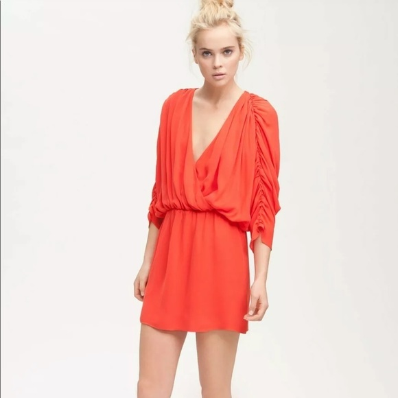 PARKER Coral Silk Gathered Plunge Dress Size - Picture 1 of 13